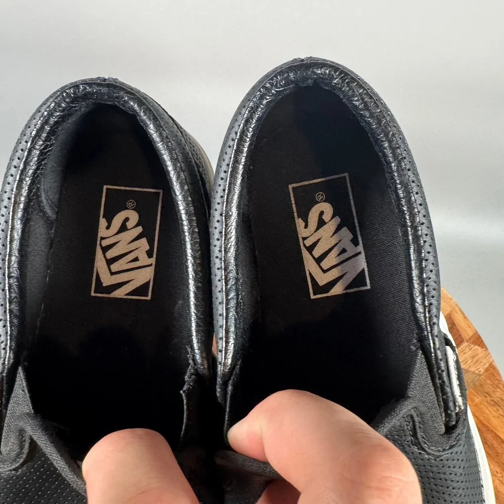 Vans Classic Slip-On Perforated Black Leather Shoes Womens 7.5 Mens 6 721356